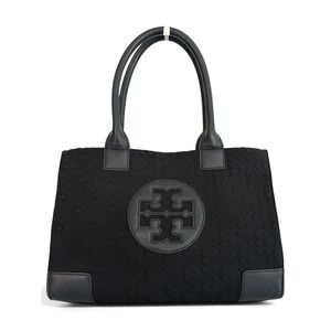 Tory Burch Ella Tote Black Quilted Nylon Leather Trim Large Logo Shoulder Bag